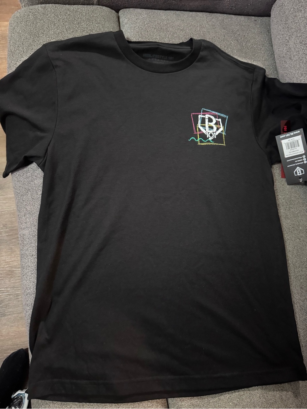 Black Short-Sleeve Tee with Multicolor Chest Logo - baseball lifestyle 101